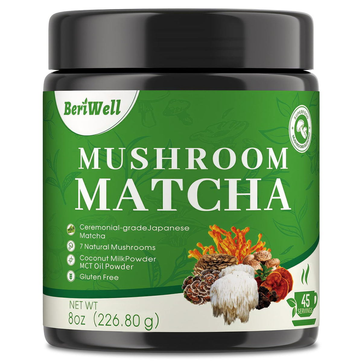 BeriWell Mushroom Matcha Powder tin for antioxidant-rich beverages.