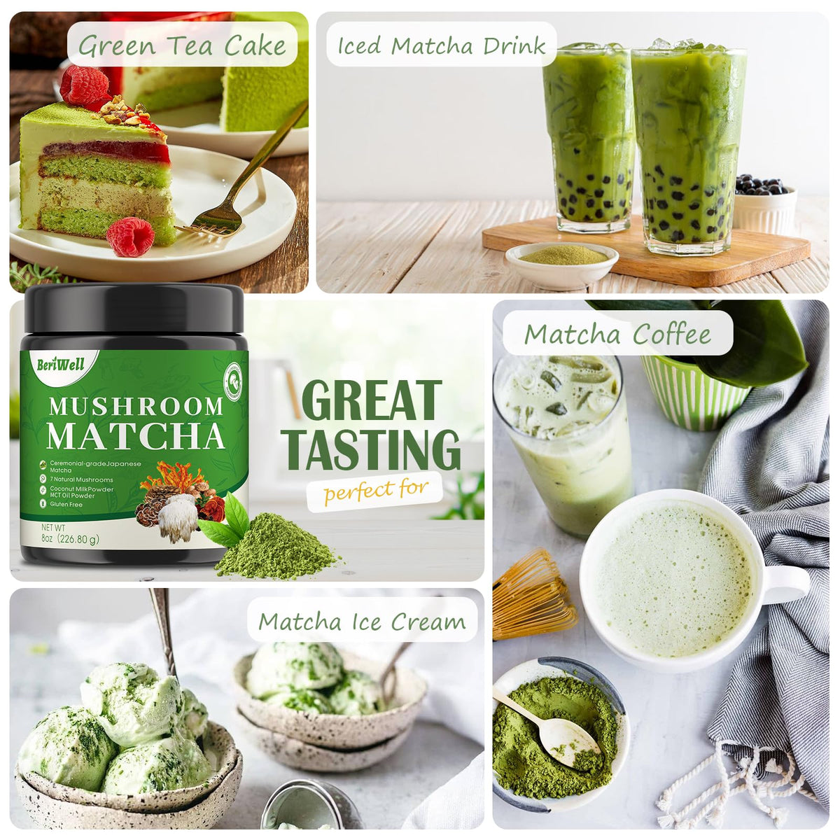 BeriWell packaging and label highlighting mushroom-infused matcha.