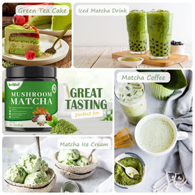 BeriWell packaging and label highlighting mushroom-infused matcha.