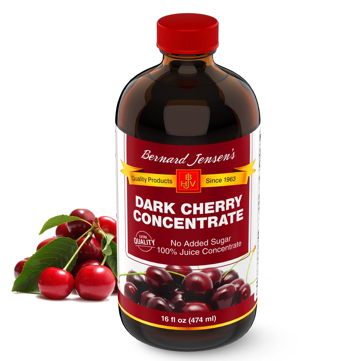 Bernard Jensen's dark cherry concentrate dessert topping adds rich cherry notes to pastries.