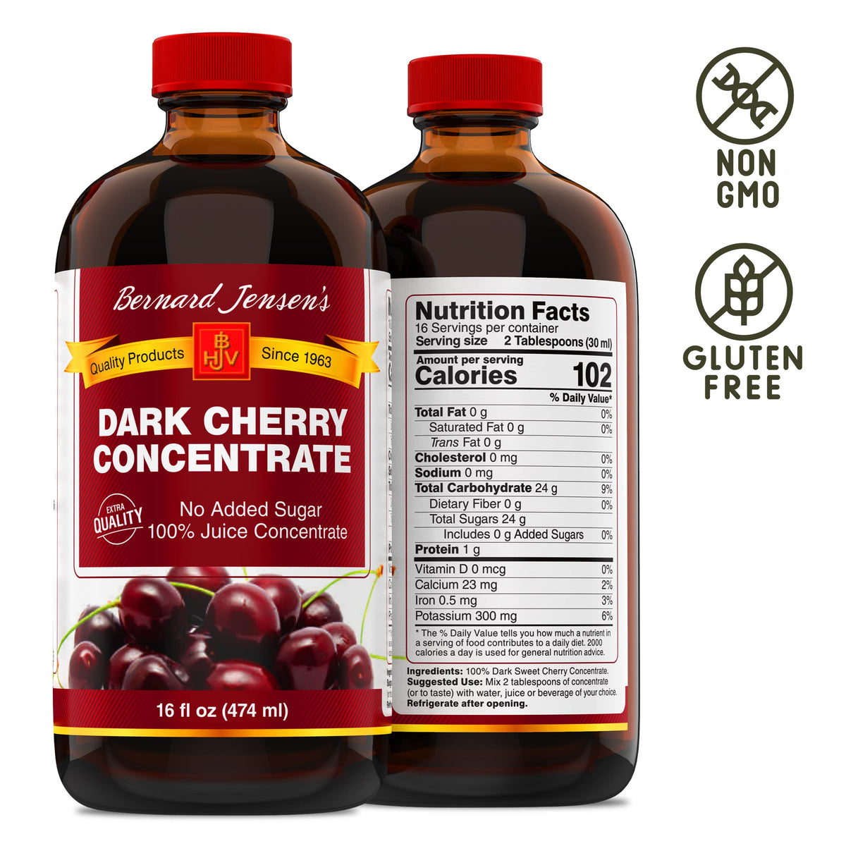 Bernard Jensen's dark cherry concentrate spoon measures two tablespoons for flavoring.