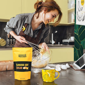 Berres Brothers Banana Nut Bread packaging shows USA roasted beans for fresh flavor.