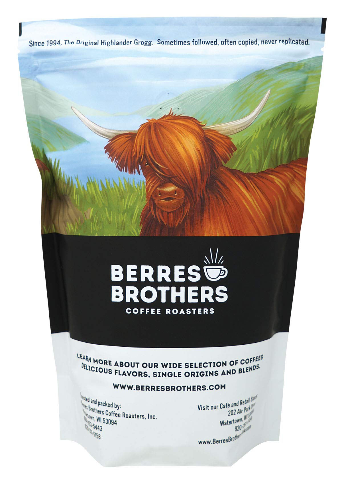 Berres Brothers Highlander Grogg coffee bag front view highlighting USA roasting and packaging.