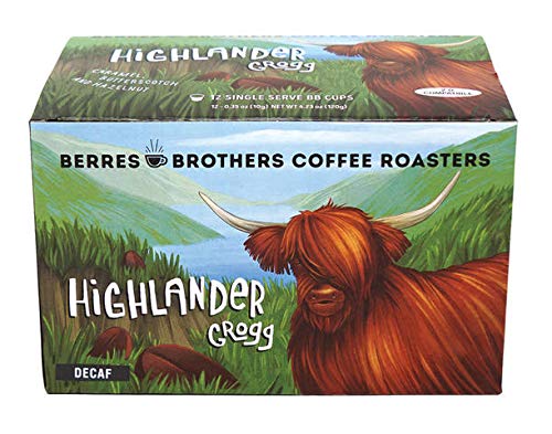 Berres Brothers Highlander Grogg decaf pods ready for Keurig brewing, offering a caffeine-free flavored treat.