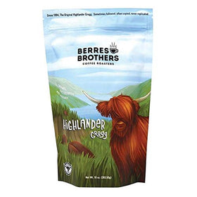 Berres Brothers Highlander Grogg ground coffee front label reveals caramel, butterscotch, hazelnut notes.