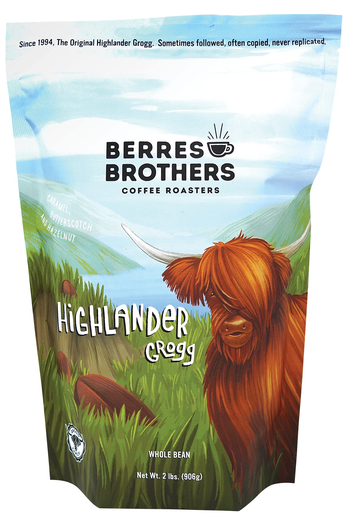 Berres Brothers Highlander Grogg whole bean 2 lb bag with caramel, butterscotch, and hazelnut notes.