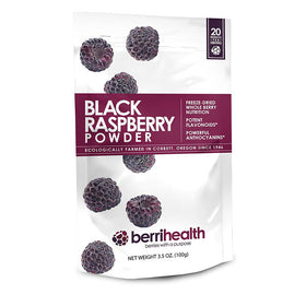 BerriHealth Oregon black raspberry powder bag showcasing gluten-free, vegan, non-GMO supplement for daily smoothies.