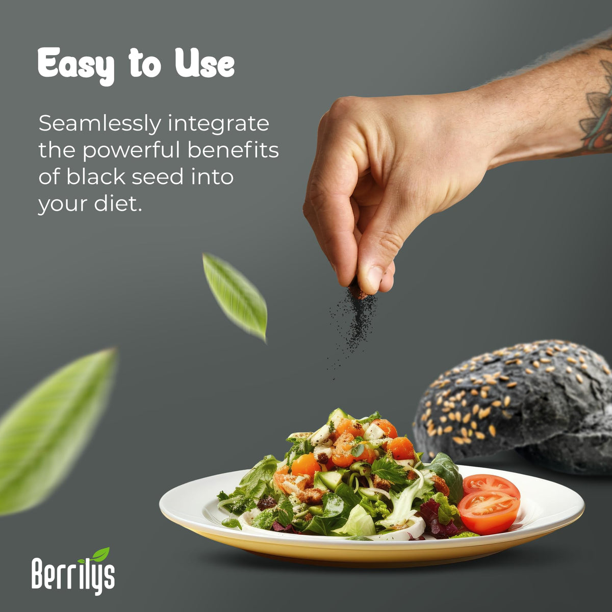 Berrilys black cumin powder in dough, ideal for baking and breads.