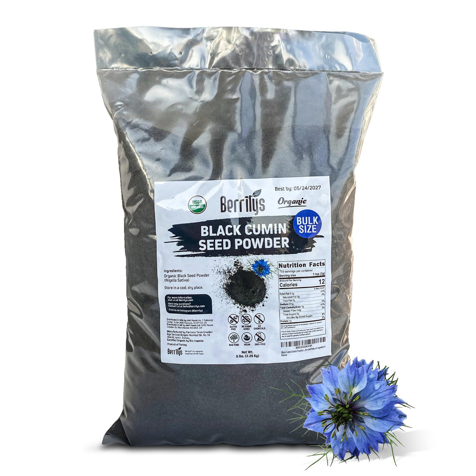Berrilys Black Cumin Powder in a jar, enhancing flavor in baked goods.