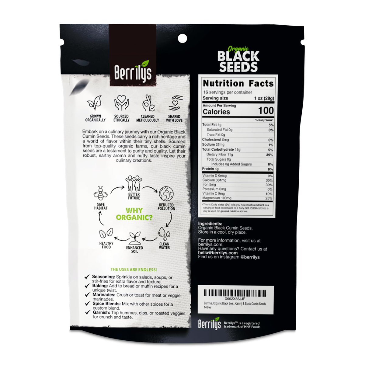 Berrilys black cumin seeds label closeup, pure Kalonji for curries and breads.