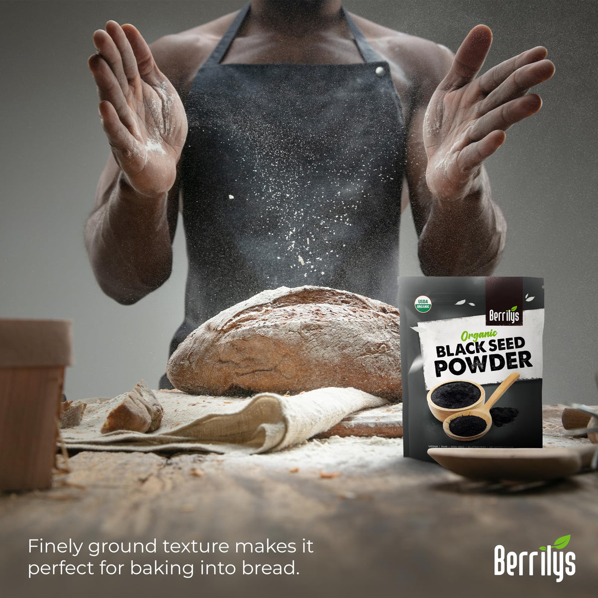 Berrilys black seed powder baking scene for flavorful, nutrient-rich treats.