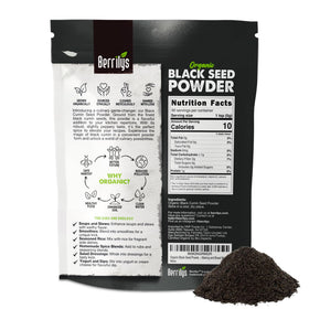 Berrilys black seed powder packaging closeup highlighting pure, additive-free ingredients.