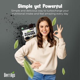 Berrilys black seed powder texture closeup highlighting fine powder.