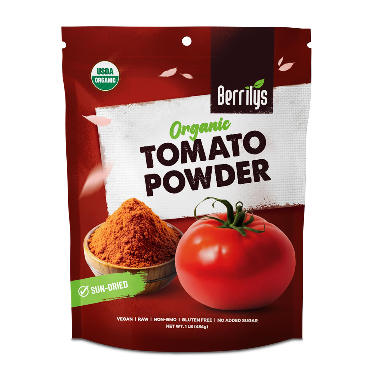 Berrilys dried tomato powder with salt for rich sauces and seasoning.