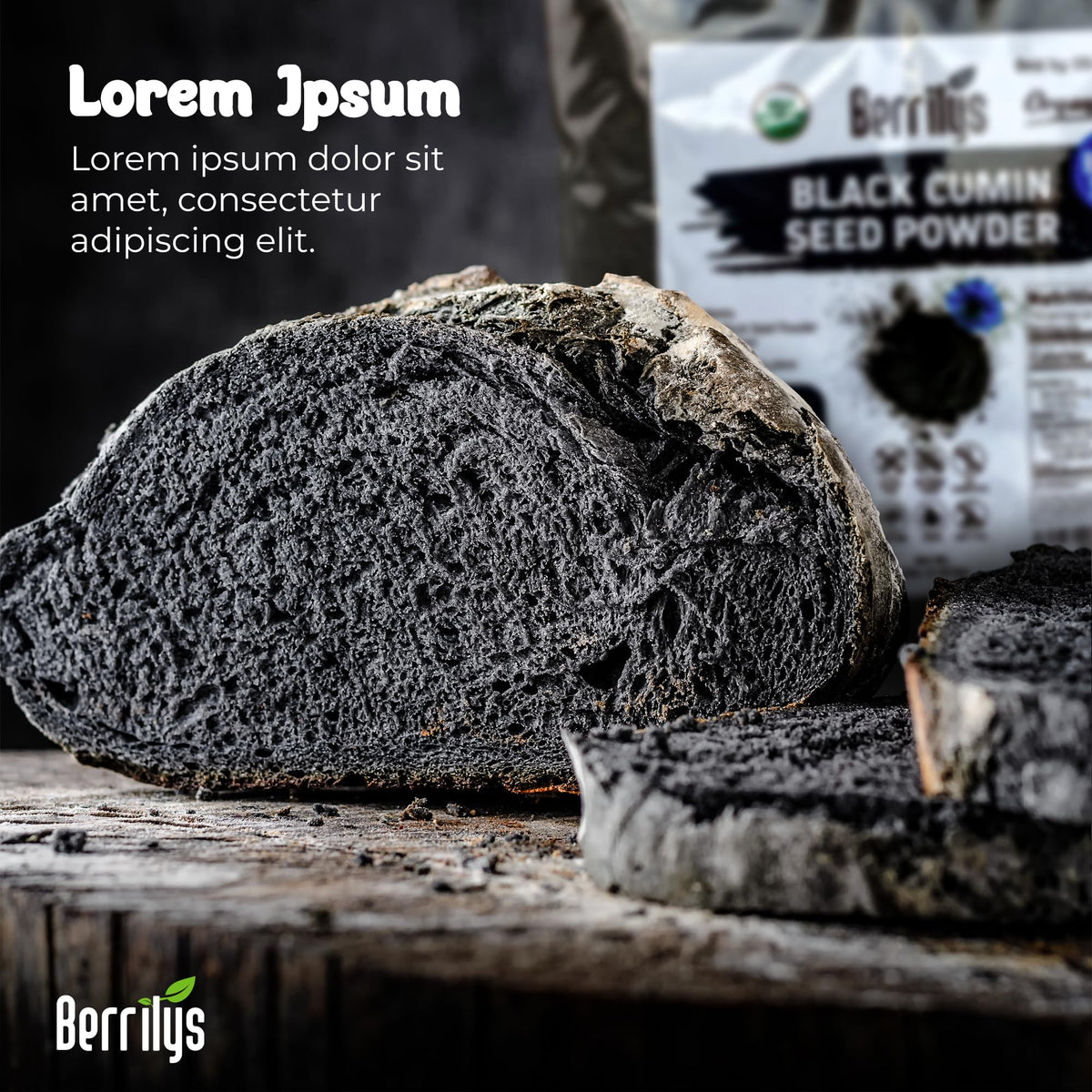 Berrilys Nigella Sativa powder scoop, highlighting bold spice in recipes.