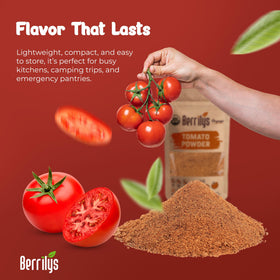 Berrilys no-sulphur organic dried tomato powder detail emphasizes preservative-free ingredients.