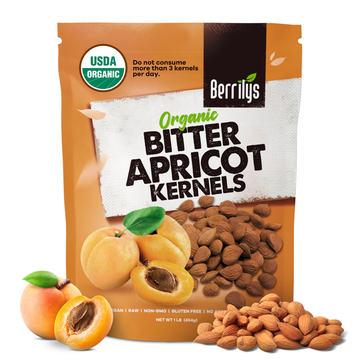 Berrilys organic bitter apricot kernels in a bottle, a convenient pantry staple.