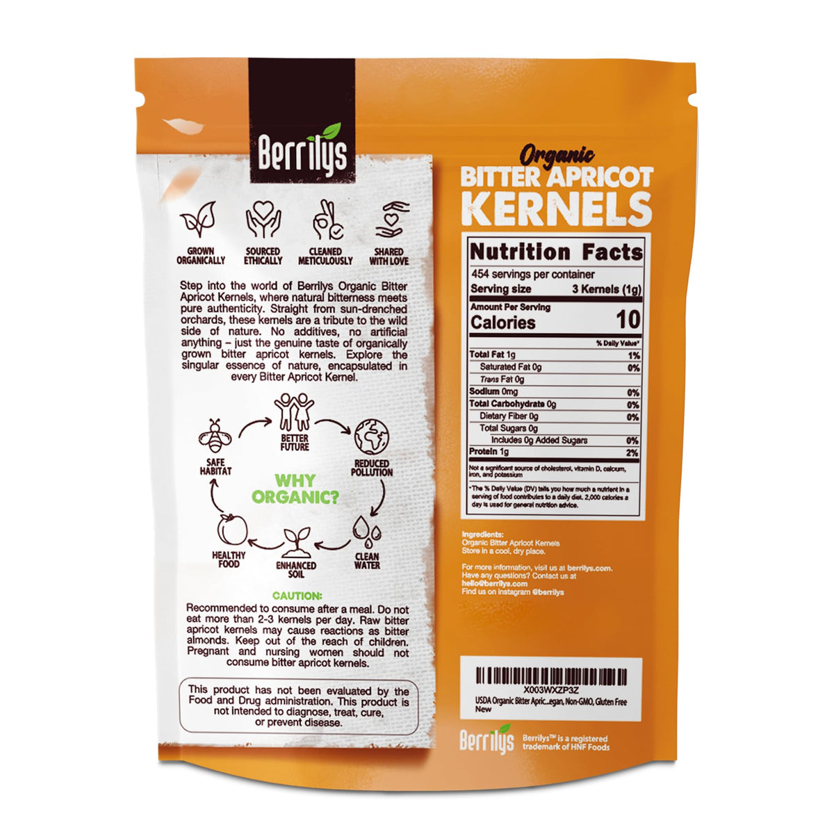 Berrilys organic bitter apricot kernels closeup highlights natural texture and purity.