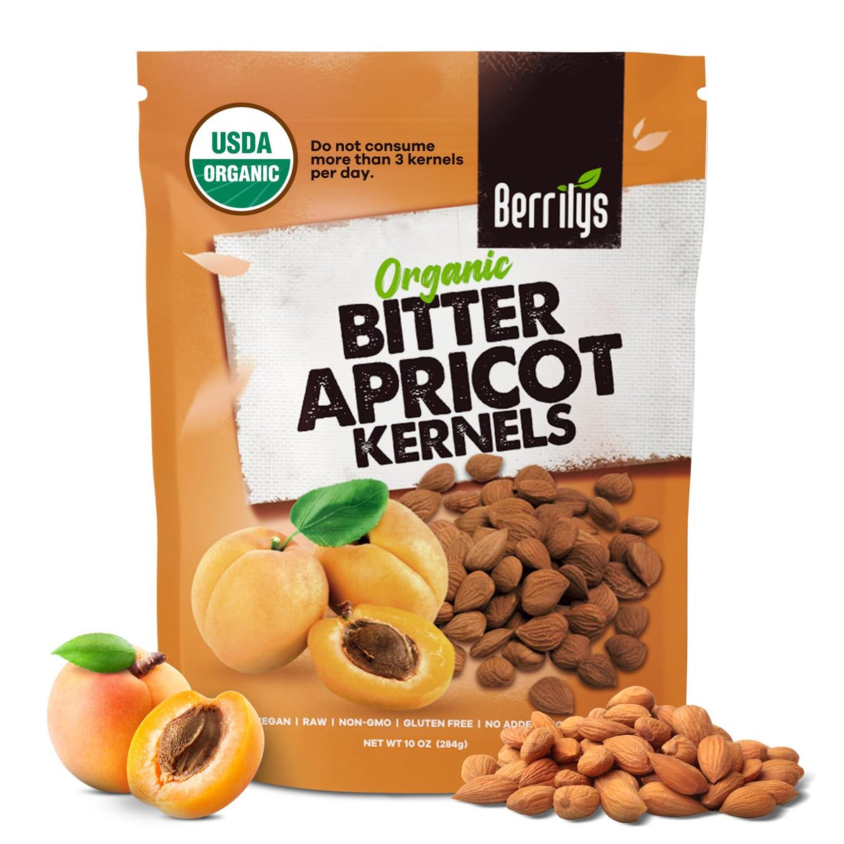 Berrilys Organic Bitter Apricot Kernels packaging showcases USDA Organic certification for quality.
