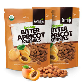 Berrilys organic bitter apricot kernels packaging showcases premium, certified-organic quality.