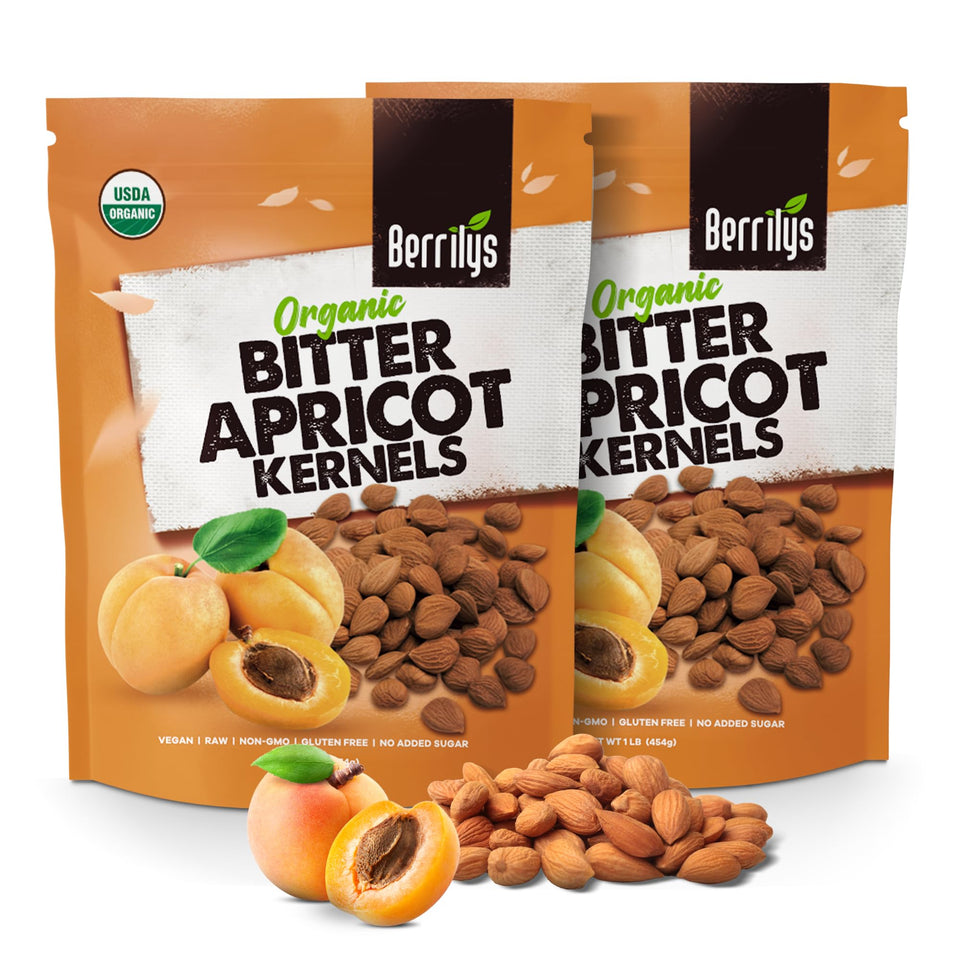 Berrilys organic bitter apricot kernels packaging showcases premium, certified-organic quality.