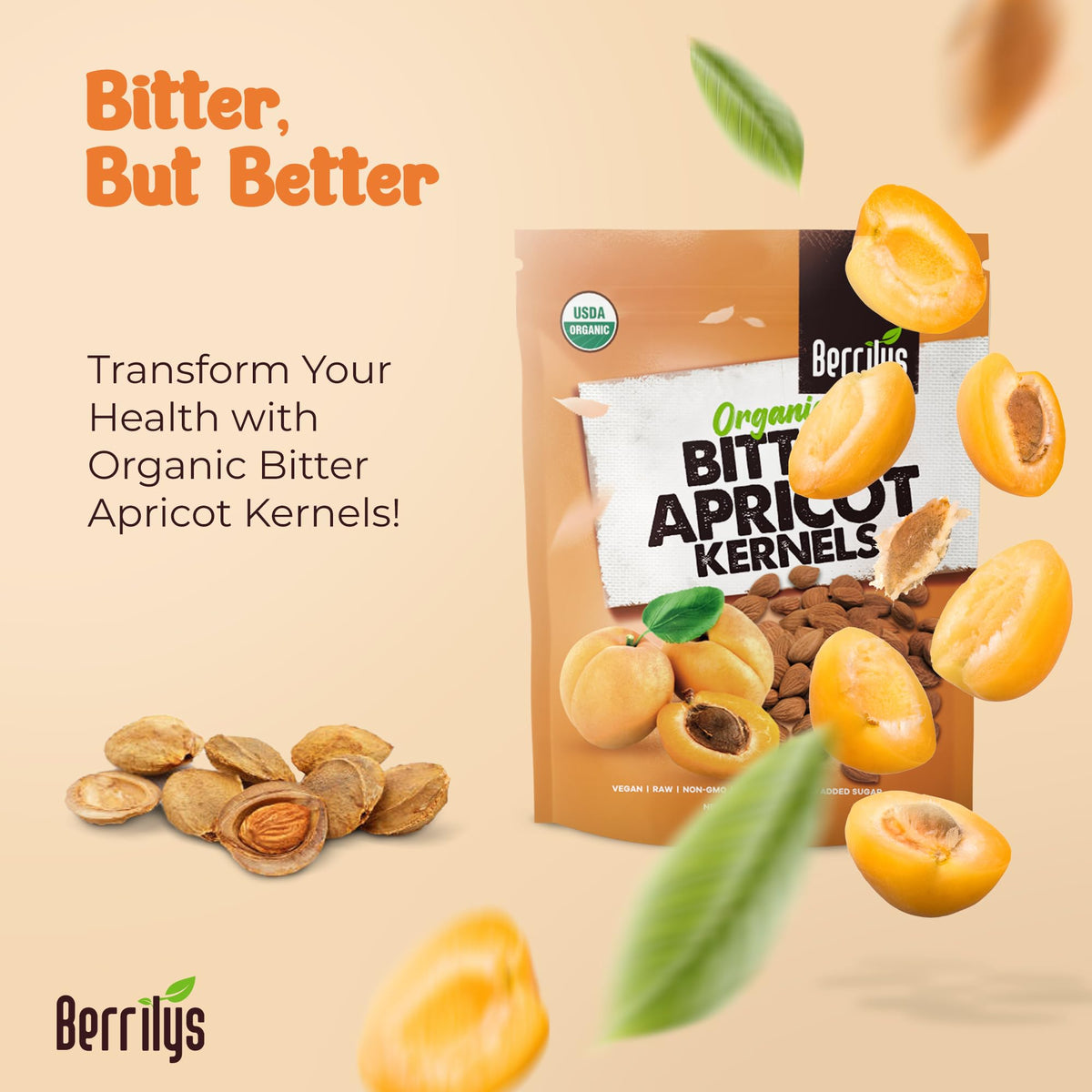 Berrilys organic bitter apricot kernels pouring shows convenient, resealable use.