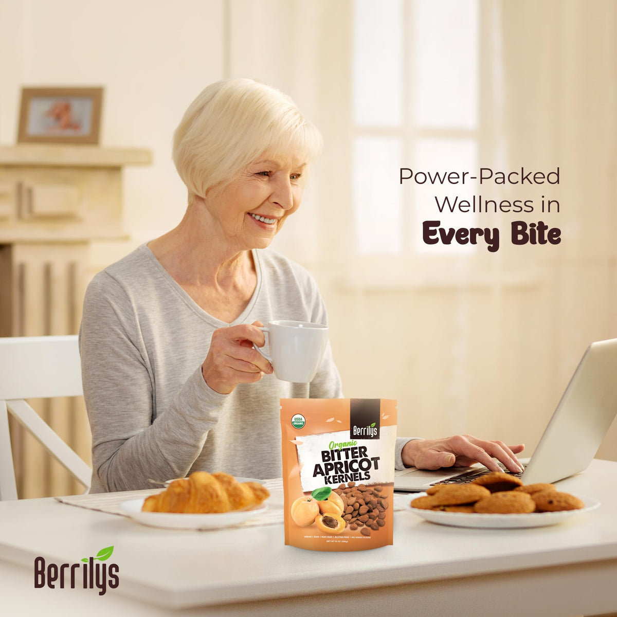 Berrilys Organic Bitter Apricot Kernels on a shelf emphasize premium, non-GMO ingredients.