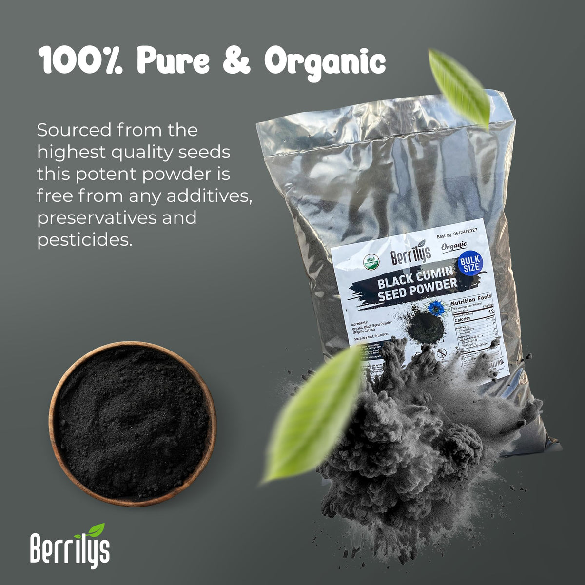 Berrilys organic black cumin powder in a bag, ready for pantry use.