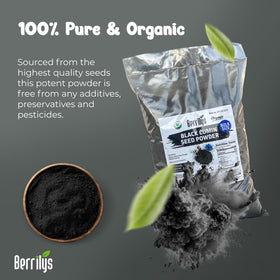 Berrilys organic black cumin powder in a bag, ready for pantry use.