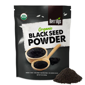 Berrilys Organic Black Seed Powder jar front ready to season meals.