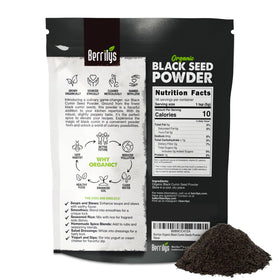 Berrilys Black Seed Powder resealable pouch close-up highlighting freshness.