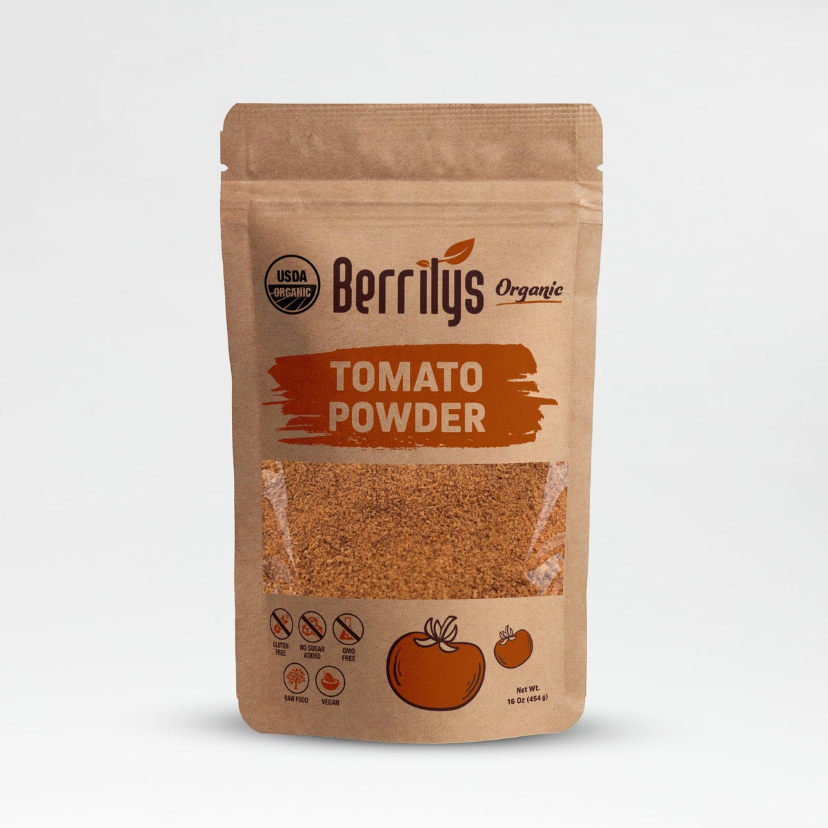 Berrilys organic dried tomato powder packaging highlights organic certification and sea salt.