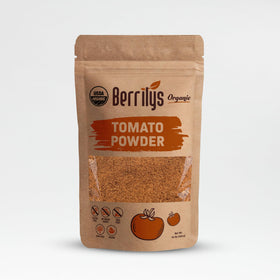 Berrilys organic dried tomato powder packaging highlights organic certification and sea salt.