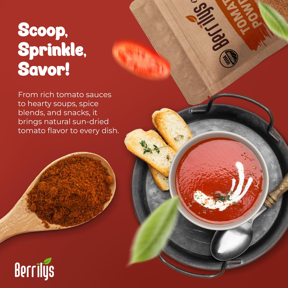 Berrilys organic dried tomato powder pouring jar for easy kitchen use.