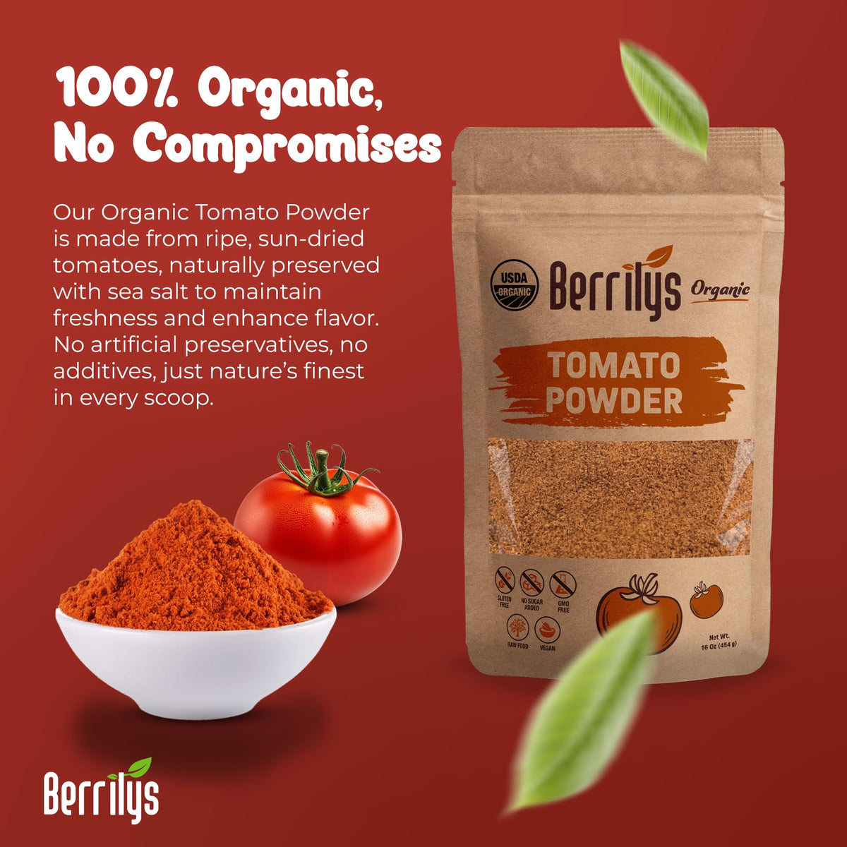 Berrilys sun-dried tomato powder label closeup emphasizes natural drying for rich flavor.