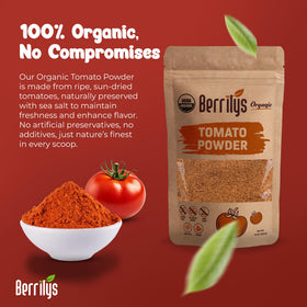 Berrilys sun-dried tomato powder label closeup emphasizes natural drying for rich flavor.