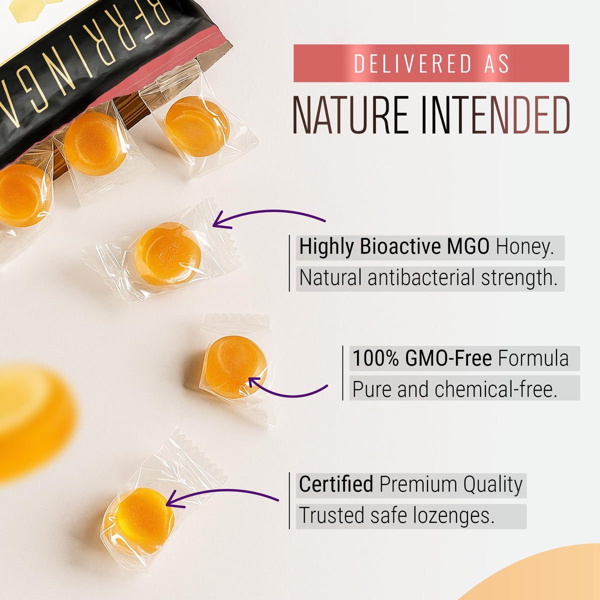 Berringa Manuka lozenges close-up highlights ginger lemon flavor