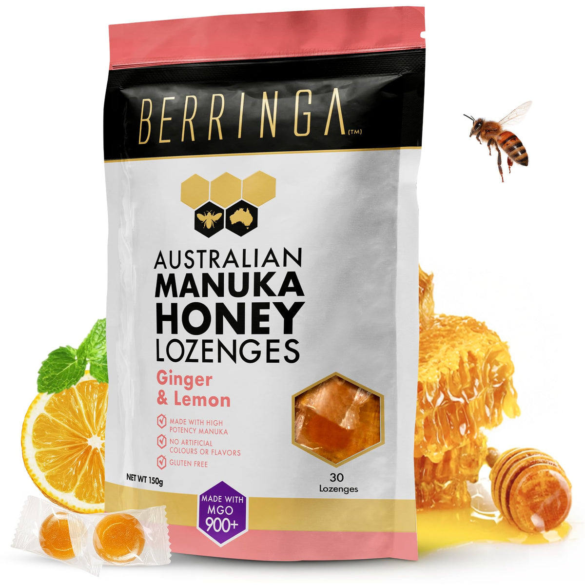 Berringa Manuka lozenges ginger lemon pack for soothing throat comfort