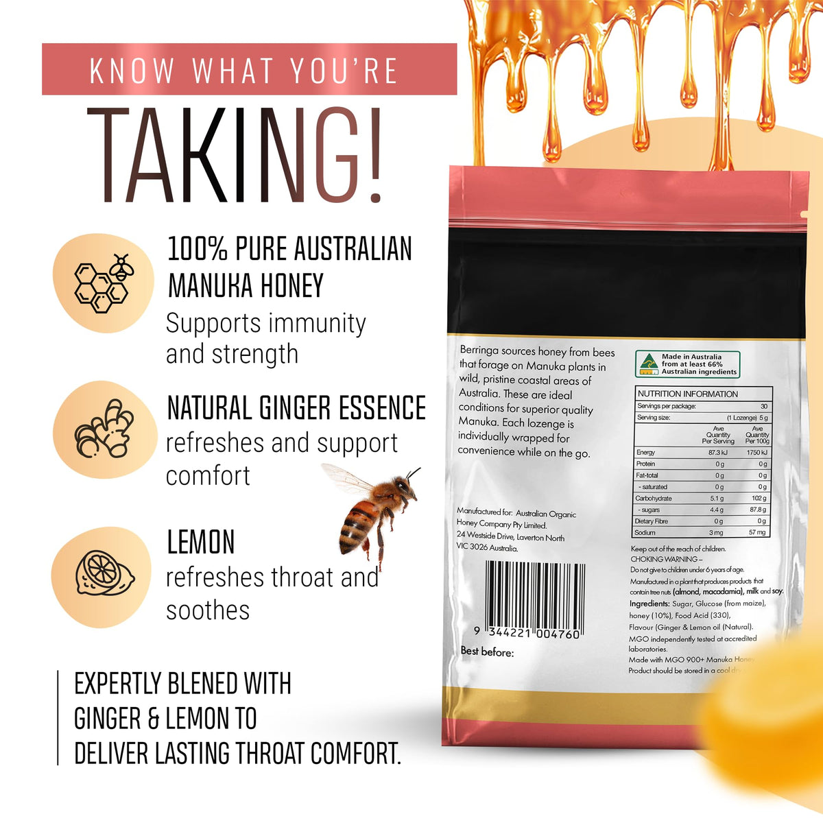 Berringa Manuka lozenges label shows MGO 900+ quality
