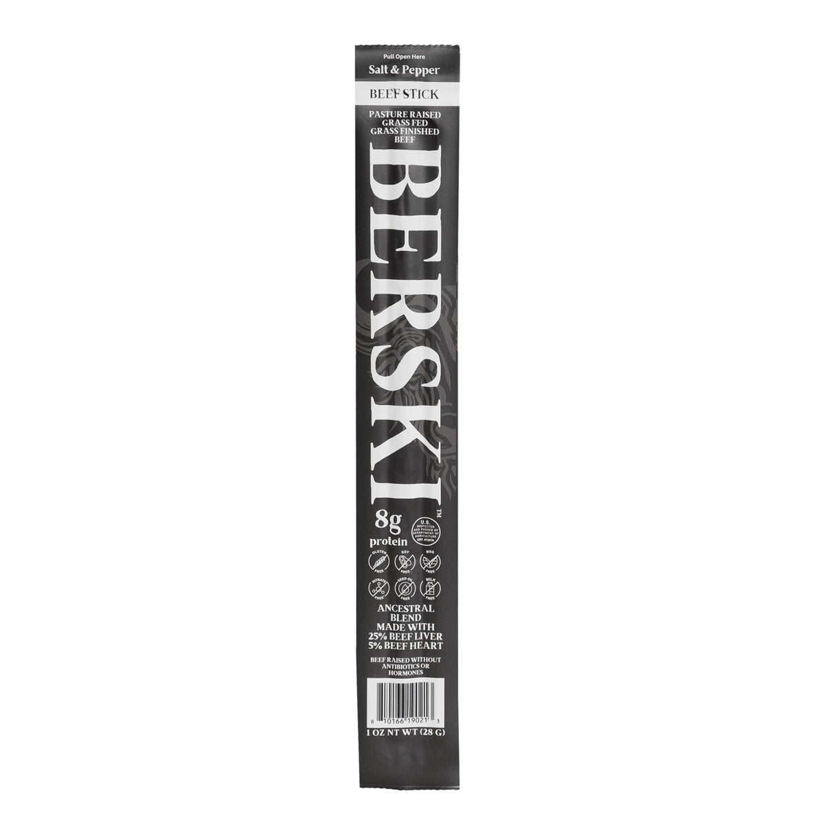 BERSKI Salt & Pepper Beef Sticks grass-fed-finished beef flavor and nutrition notes.