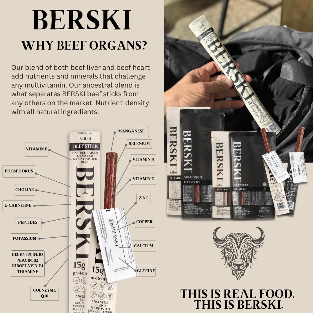 BERSKI Salt & Pepper Beef Sticks back label displaying ingredients and regenerative farming notes.