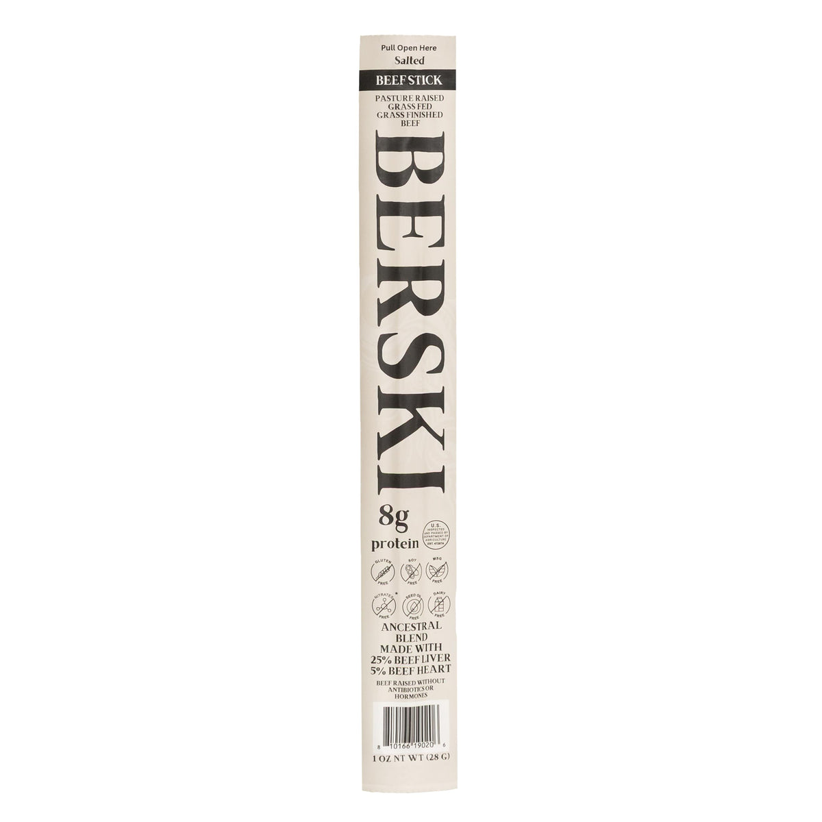 BERSKI grass finished beef sticks seasoned with sea salt and spices for flavor.