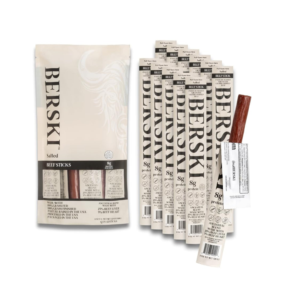 BERSKI Salted Beef Sticks on a wood board showcase a convenient workout and travel snack.