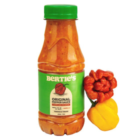 Bertie's Original Pepper Sauce bottle front, boosting home-cooked flavor.