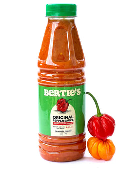 Bertie's Original Pepper Sauce bottle front with vibrant peppers, signaling fruity heat perfect for flavor boosts.