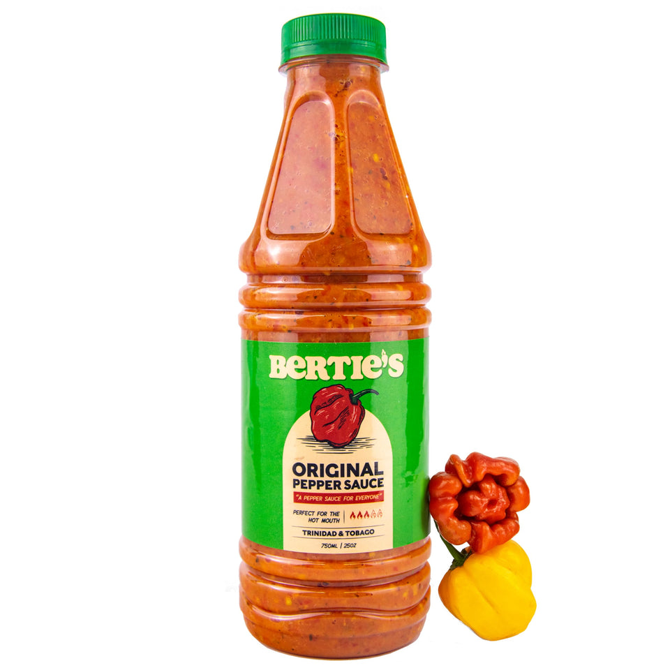Bertie's Original Pepper Sauce bottle ready to add Caribbean heat and brightness to meals.