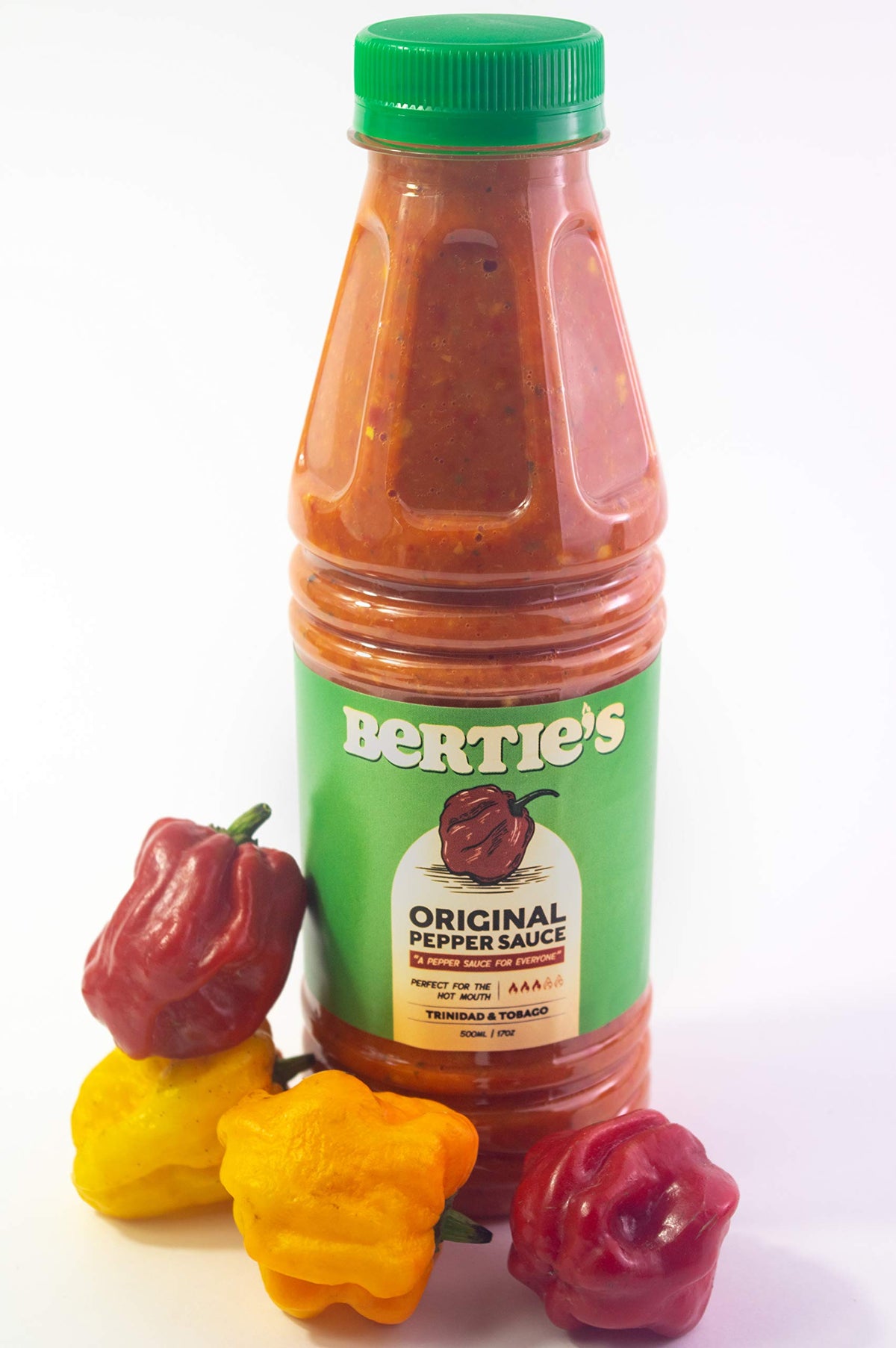 Bertie's pepper sauce glass bottle setup ready for pantry or shelves.