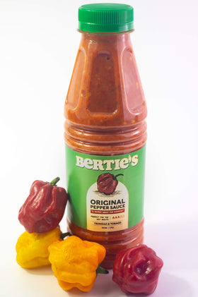 Bertie's pepper sauce glass bottle setup ready for pantry or shelves.