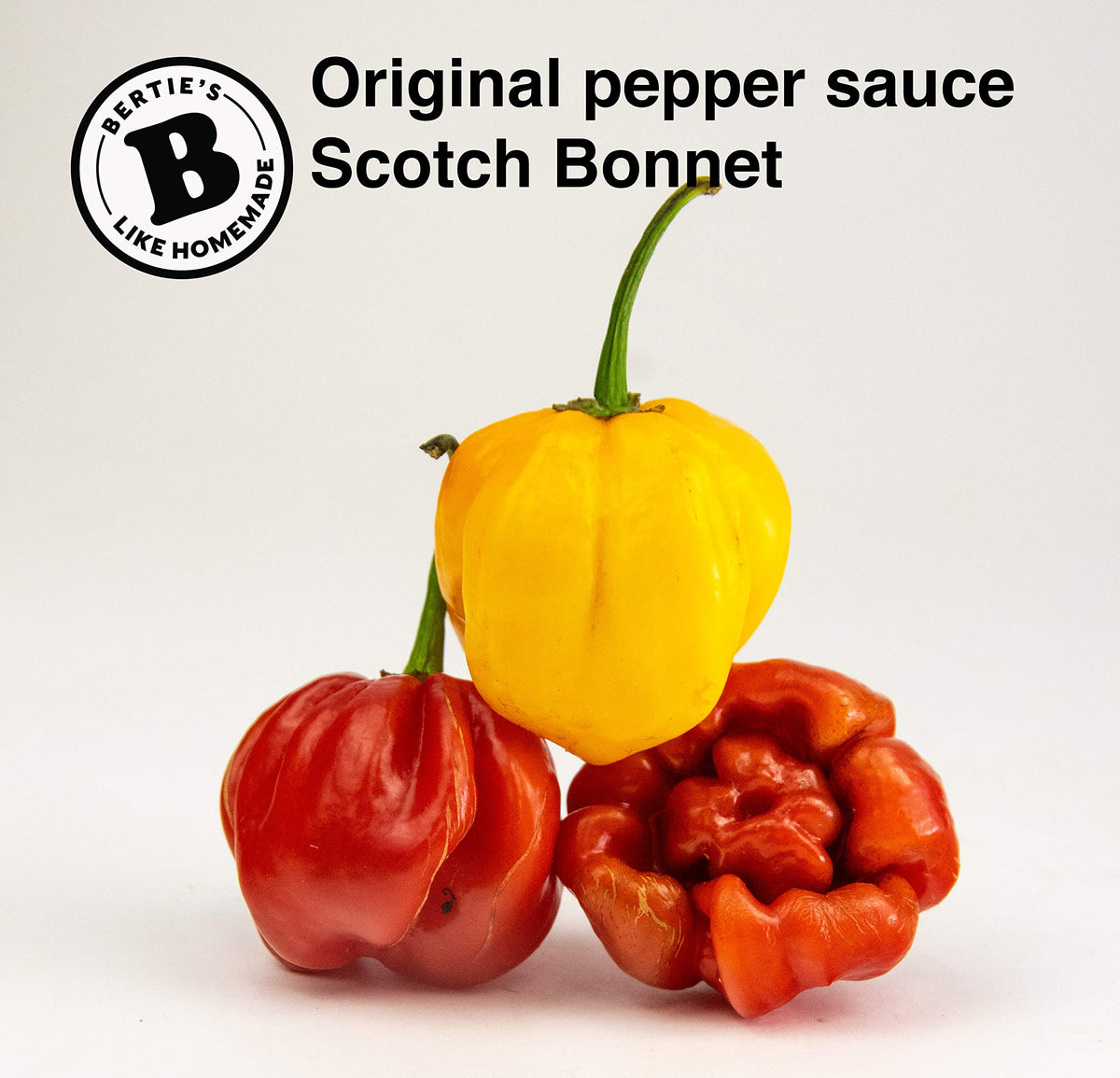 Bertie's Original Pepper Sauce bottle showing high heat for adventurous cooks.