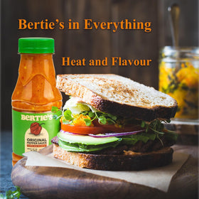 Bertie's Original ingredients are shown, emphasizing fresh peppers and Caribbean seasonings for bold taste.